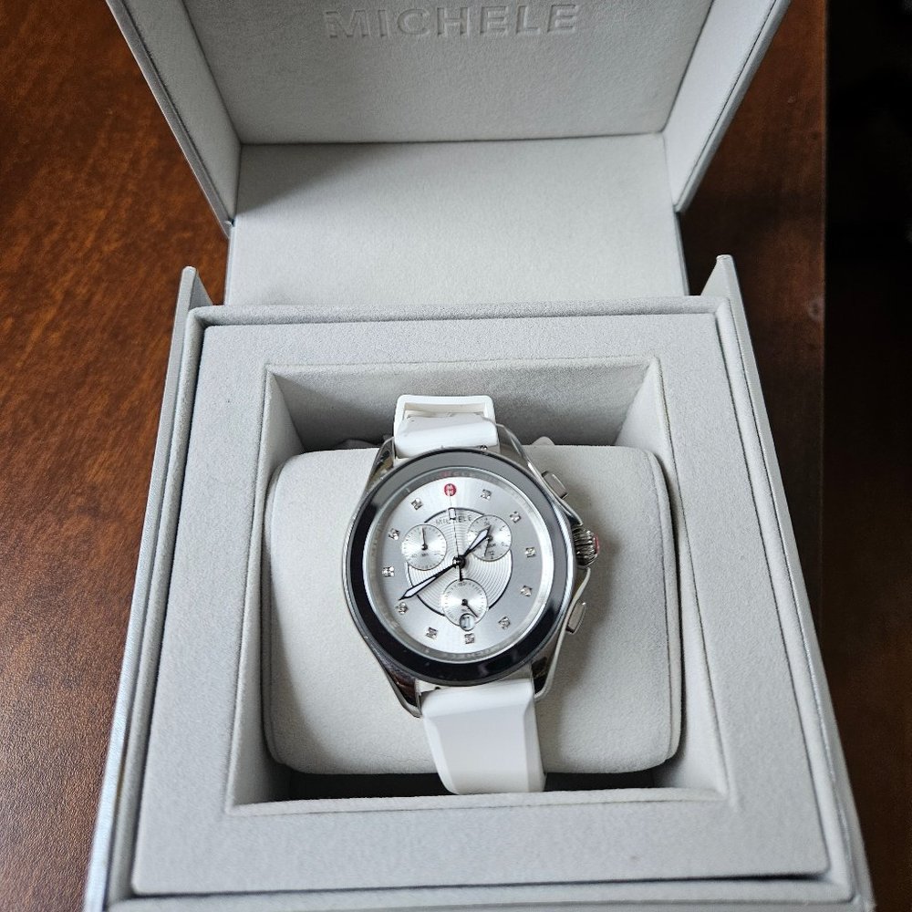 NEW Michele Cape Chronograph White Silicone Watch MWW27E000022 ret $495